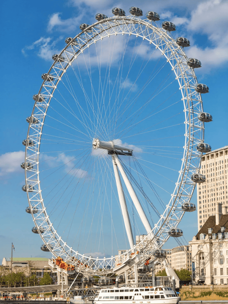Bright London Eye Ferris wheel against blue sky, iconic attraction in London.