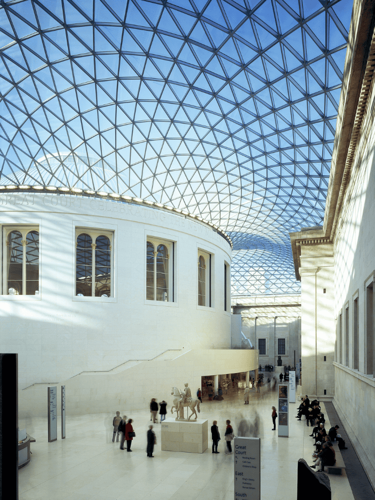 Plaza on the interior of the British Museum with a geometric glass ceiling in London.