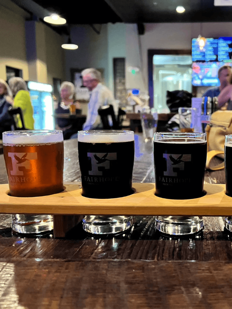 Straw flight tasting at Fairhope brewery, delicious craft beers on a flight.