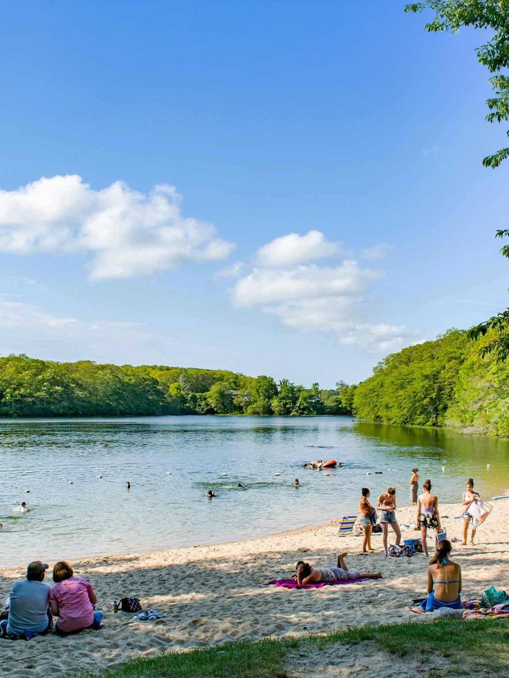 Peaceful lakeside scene with people enjoying water activities and relaxing on sandy beach, perfect for outdoor recreation.