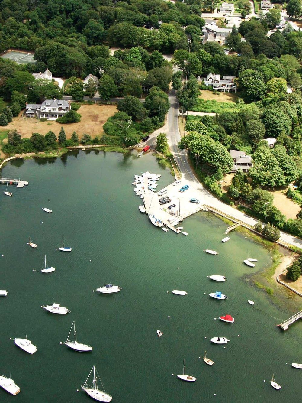 Seaside marina with boats, lush greenery, and residential homes in the background.