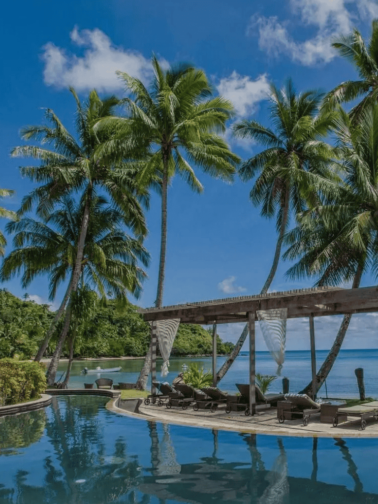 Tropical poolside with palm trees overlooking ocean, relaxing beach resort scene.