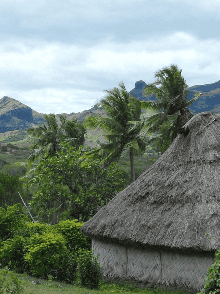 Lush tropical landscape with palm trees and a thatched hut in green mountainous scenery.