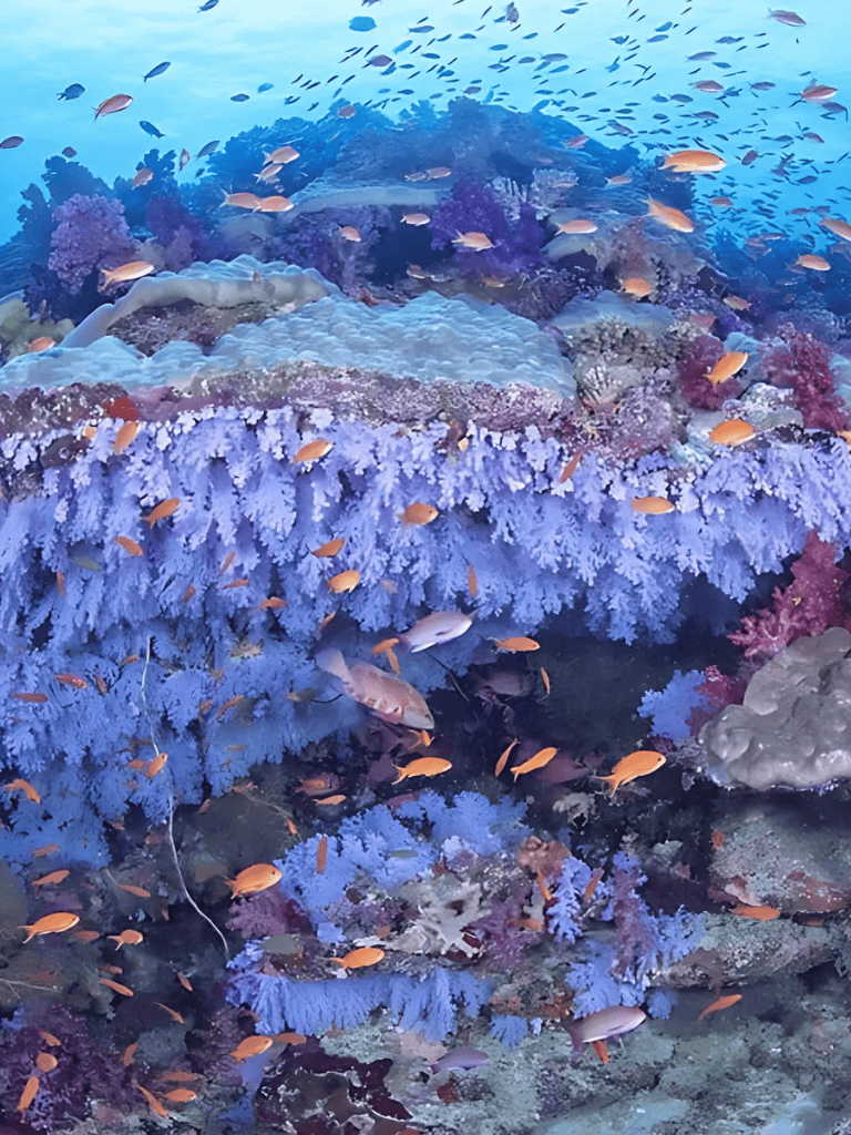 Colorful coral reef with vibrant fish and marine life under clear blue water.