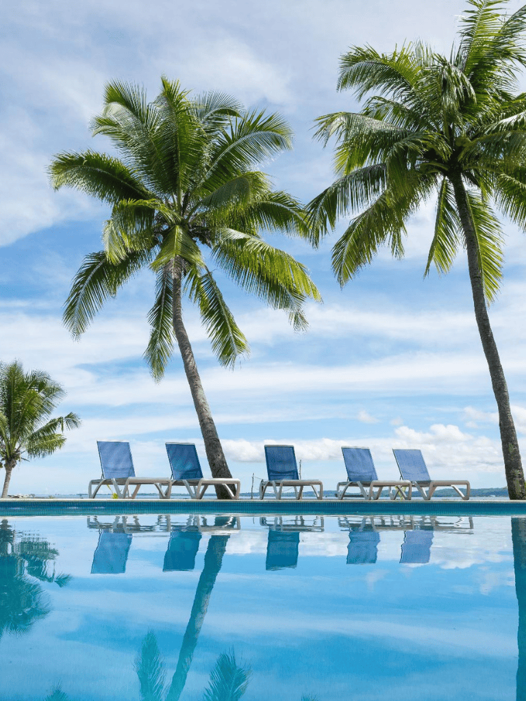 Relaxing tropical poolside with palm trees and lounge chairs overlooking the ocean.