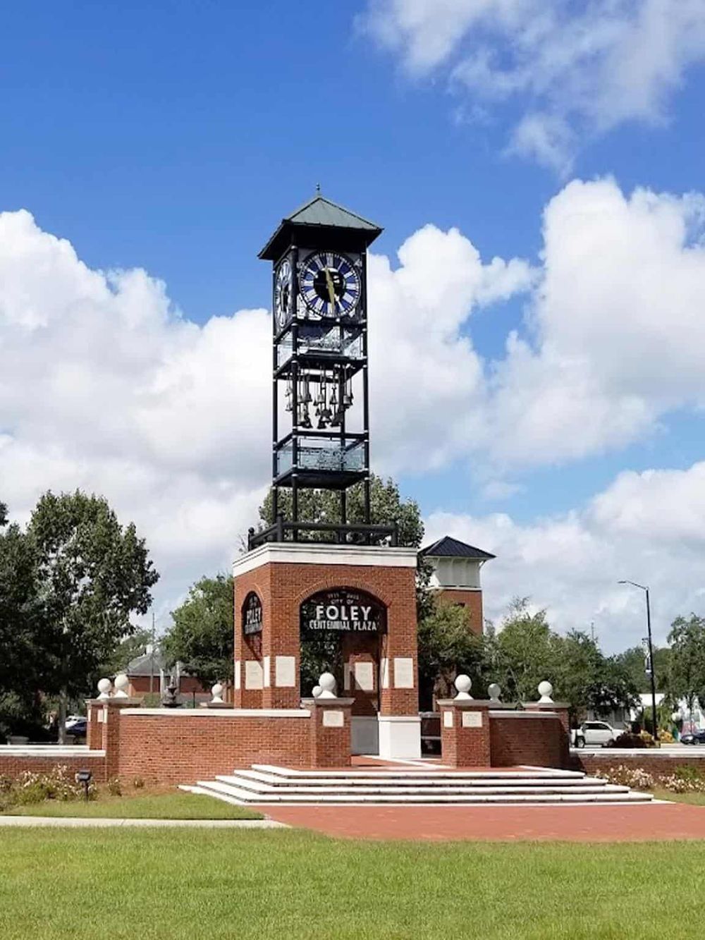 Historic clock tower at Foley Central Plaza, a popular local landmark and meeting point.