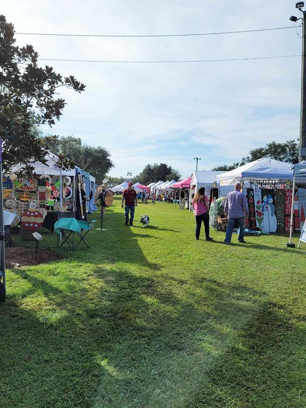 Colorful outdoor craft fair stalls with shoppers browsing and walking on green grass.