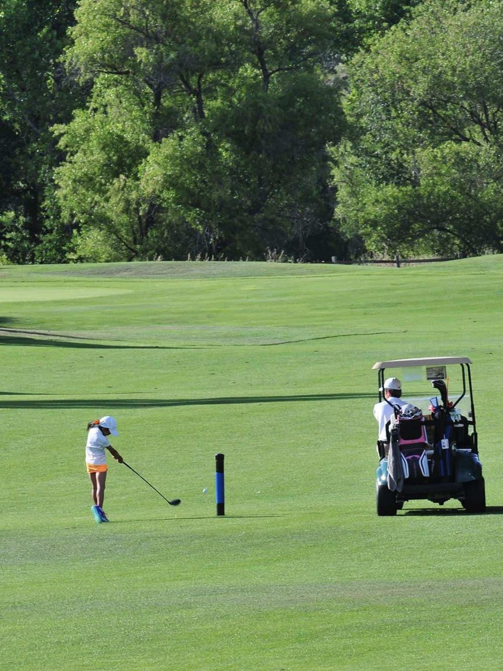 Children playing golf on a lush green golf course with a golf cart, surrounded by trees.