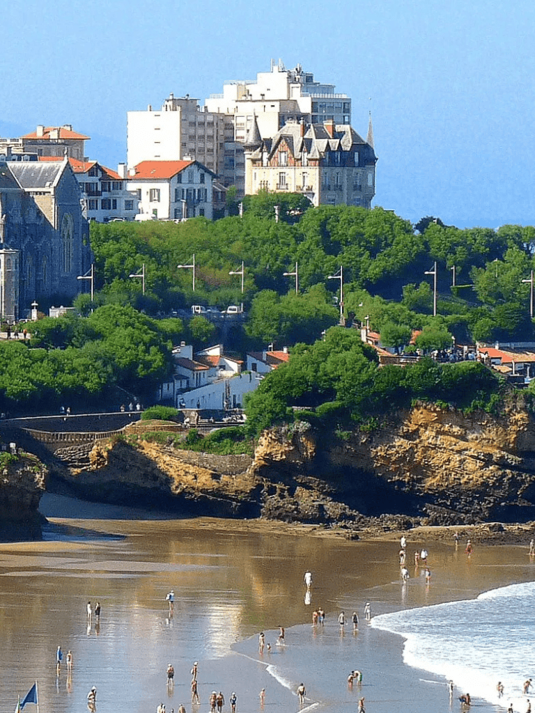 1. Beautiful coastal cityscape with historic buildings and beach in Biarritz, France.