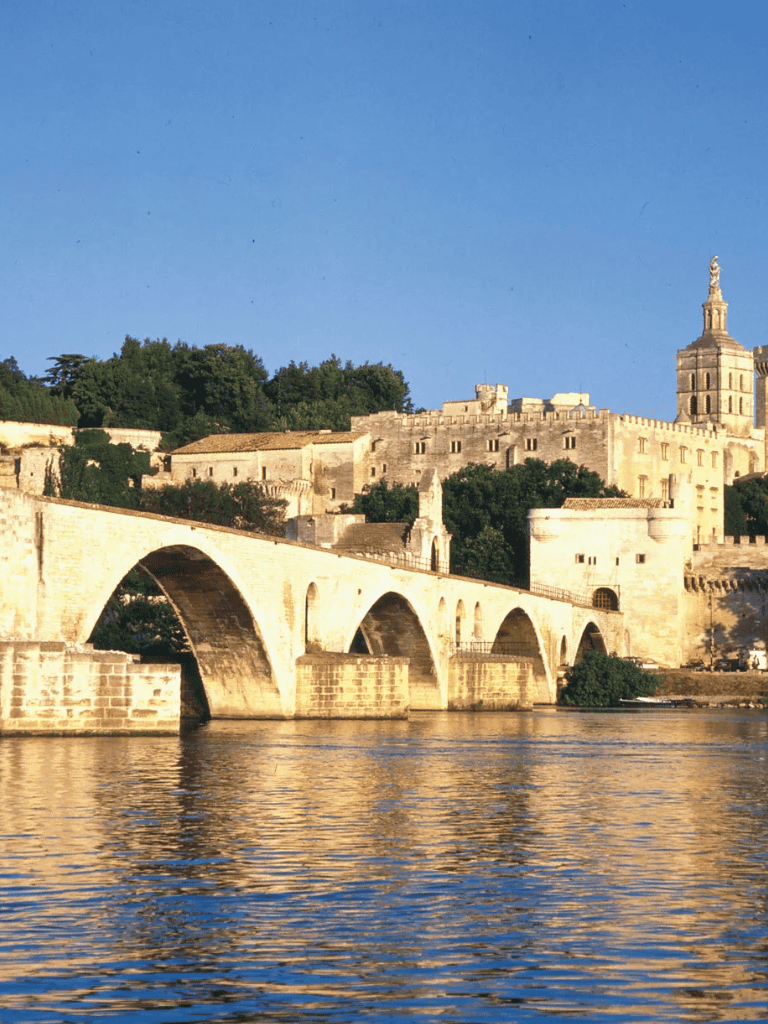 Ancient stone bridge over a river with historic castle and cityscape in background, scenic view for travel and heritage tourism.
