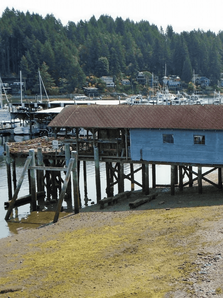 Old fishing pier house on a calm waterfront with boats in the background.