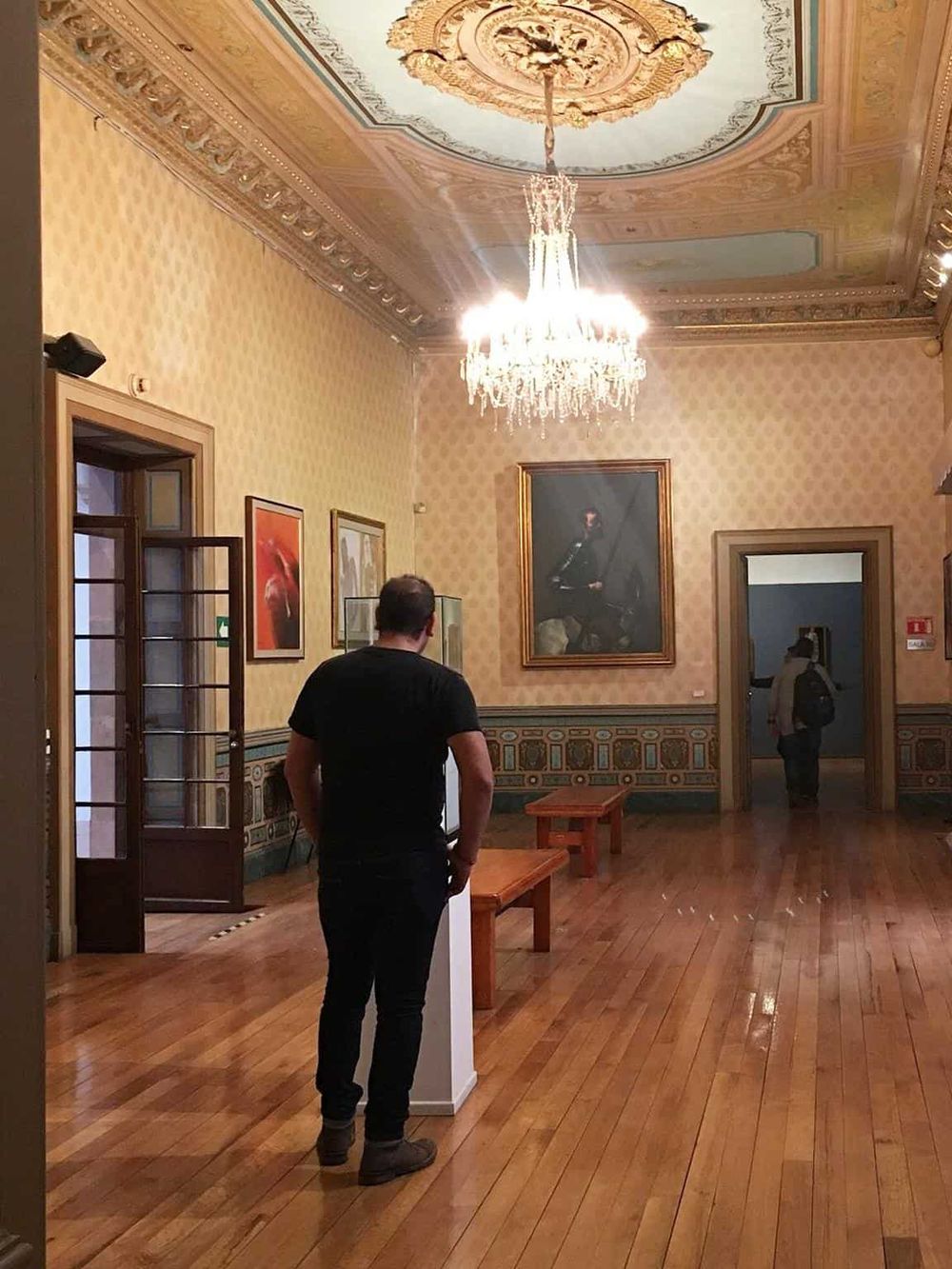 Elegant historic museum interior with chandelier and classic portraits for cultural exploration and artistic inspiration.