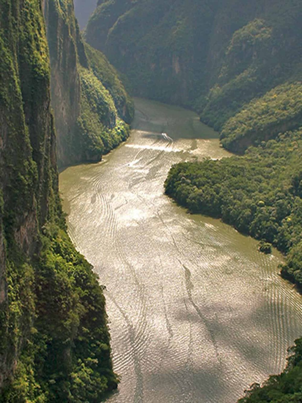 Deep river canyon with lush green cliffs, portraying scenic nature travel destinations.