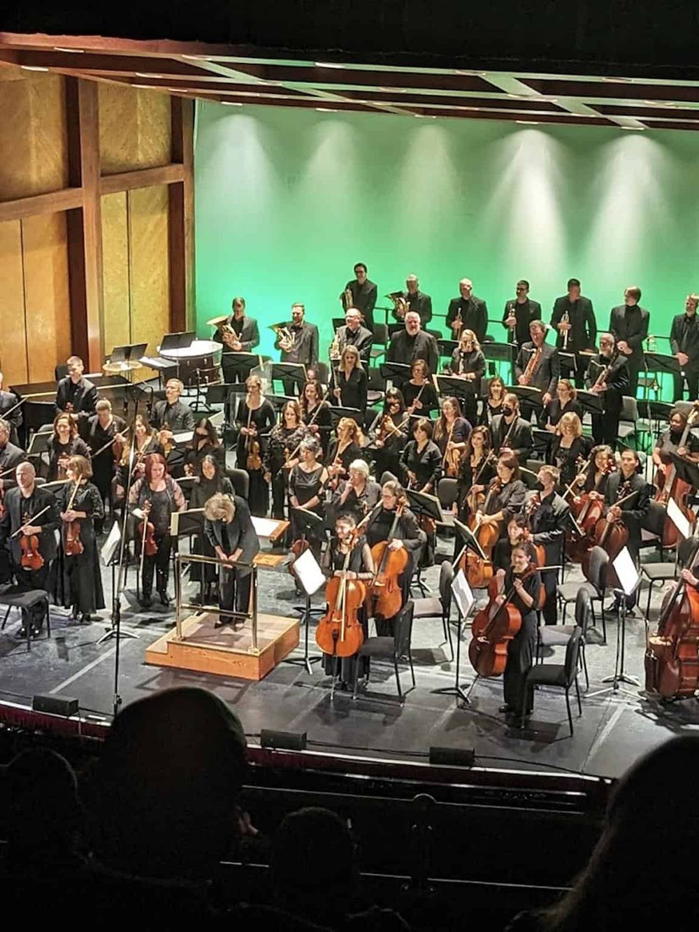 Orchestra performance with musicians on stage, green backdrop, and conductor, showcasing professional live music event.