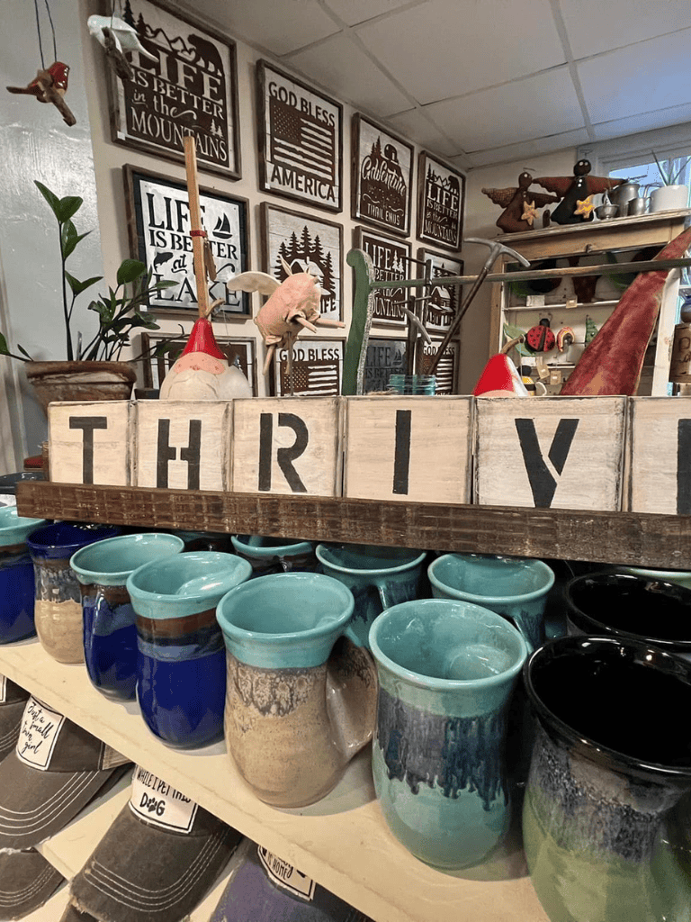 Rural Home Decor with Thrifted Mugs and Inspirational Wall Art, Cozy Rustic Style, Unique Gifts for Home.