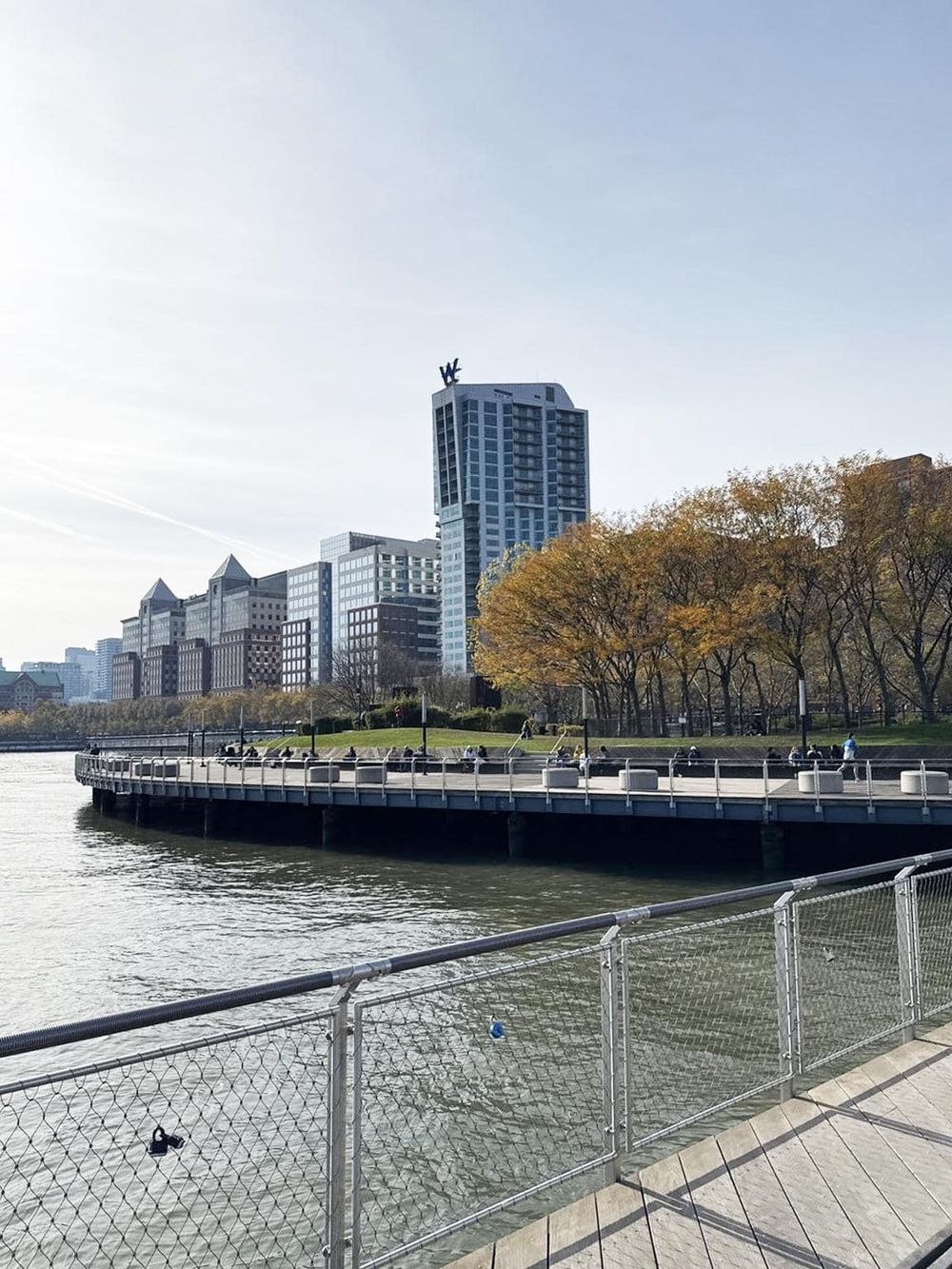 Modern city skyline with waterfront and riverside park, showcasing downtown architecture and autumn trees.