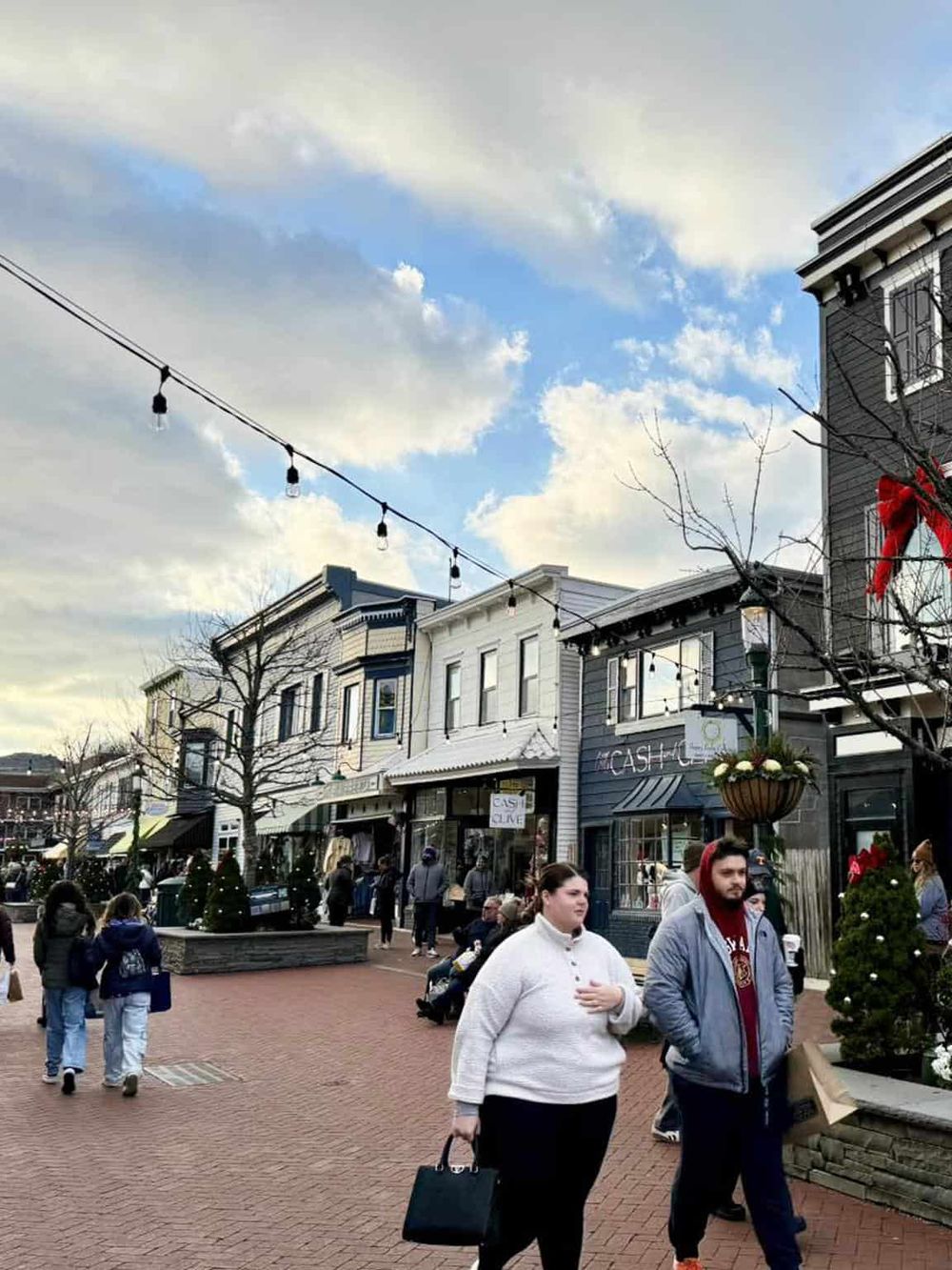 Charming downtown shopping street in Quest for Directions, showcasing local stores and festive holiday decorations.