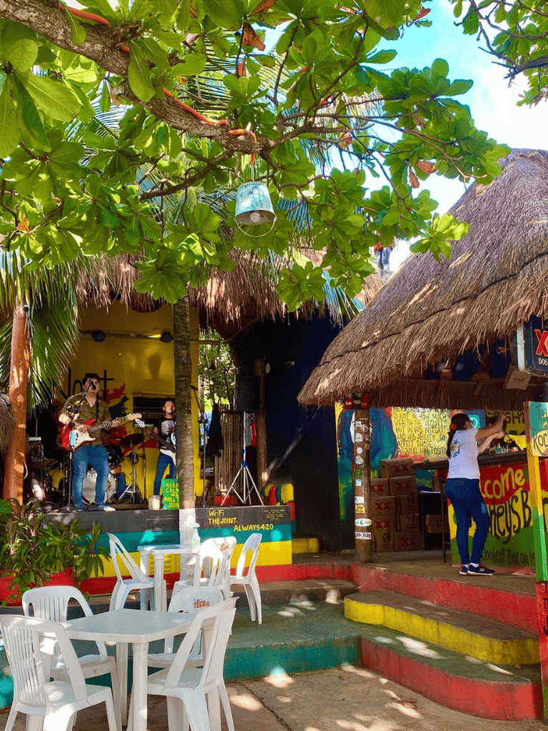 Colorful tropical bar with live music, thatched roof, open-air seating, and lush greenery.