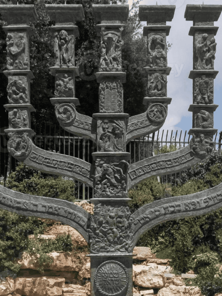 Intricate carved stone tree of life sculpture with Hebrew inscriptions and biblical figures.