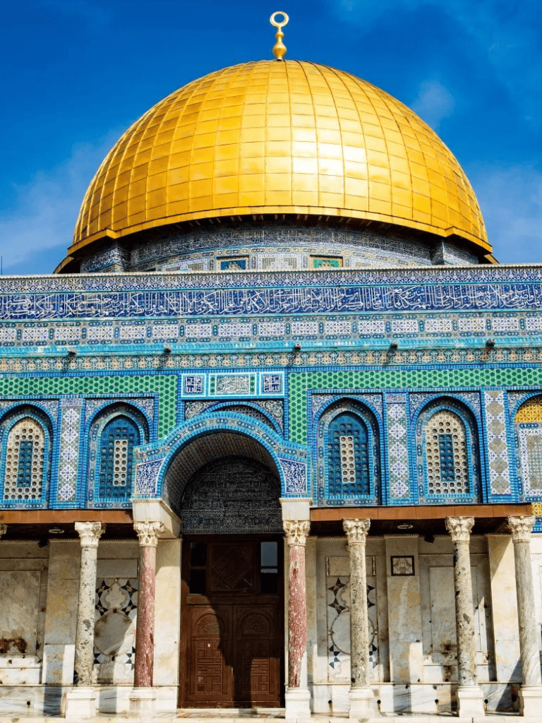 Golden dome of Al-Aqsa Mosque in Jerusalem, famous Islamic historical landmark and religious site.