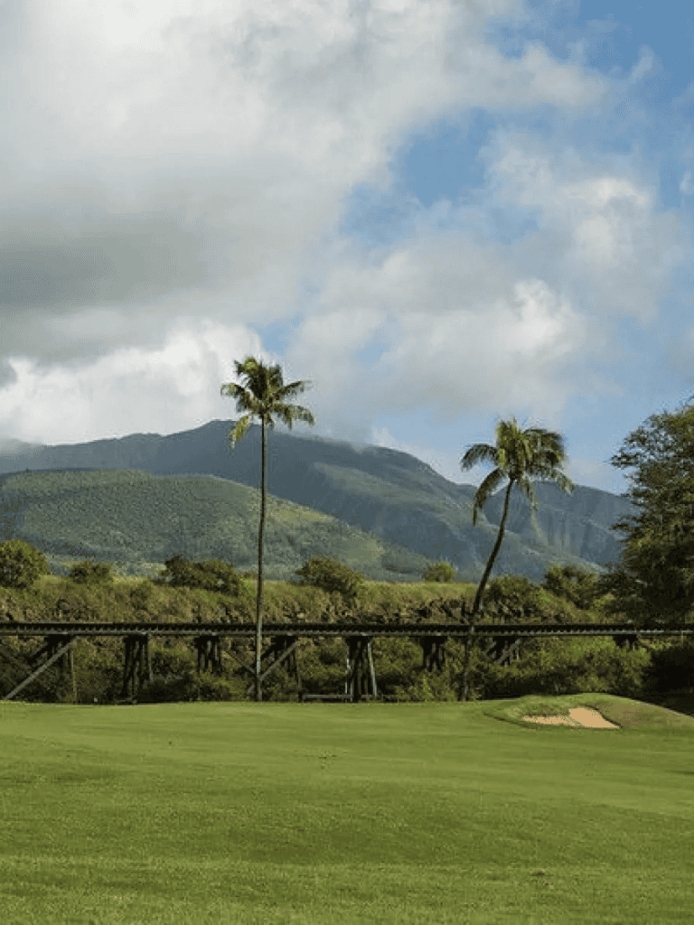 Vibrant golf course with lush green grass and scenic mountain backdrop in Hawaii.