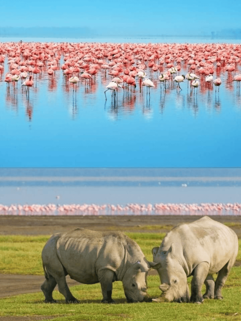 Flamingos and rhinoceroses in a wildlife reserve, nature conservation, animal habitat, wildlife photography, QuestForDirections.