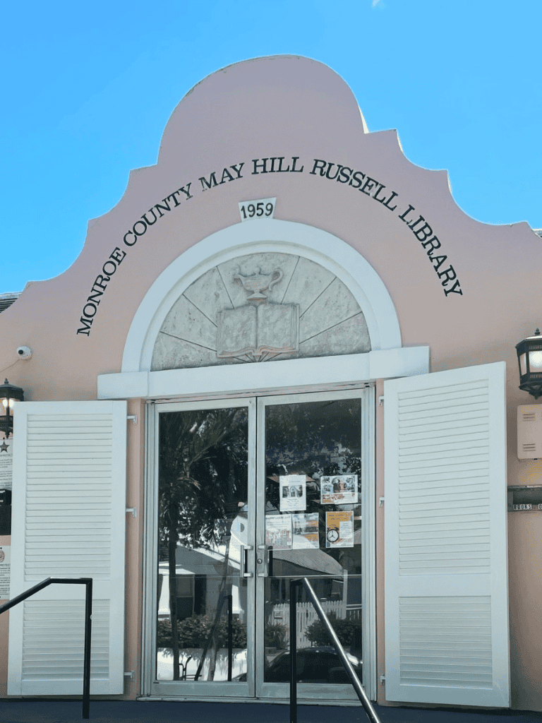 Monroe County May Hill Russell Library entrance, Florida, historical landmark, community library, 1959 construction.