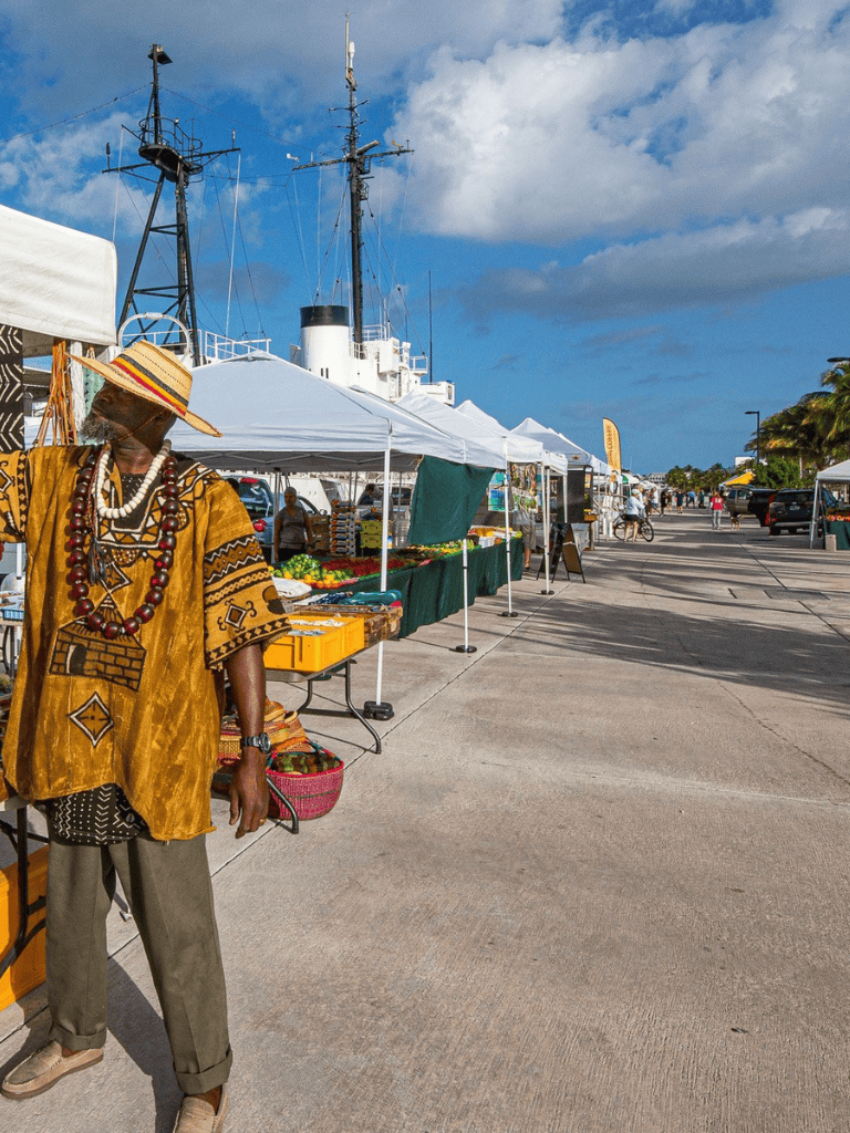 Colorful outdoor farmers market with vendor stalls, boats, and blue sky in a tropical coastal location.