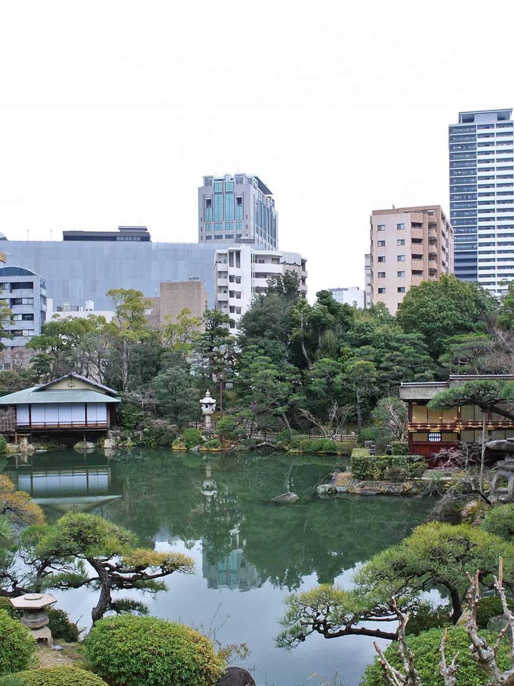 Serene Japanese garden with a pond, traditional structures, and lush greenery in an urban setting.