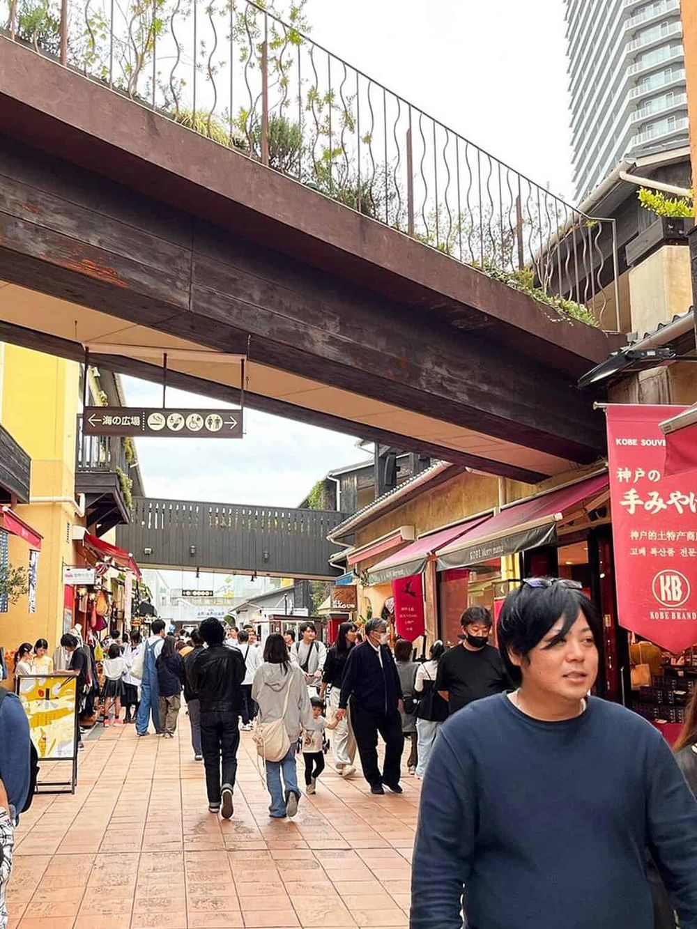 Vibrant street market with diverse shoppers, local shops, and signs in Japanese, highlighting cultural shopping and dining experiences.