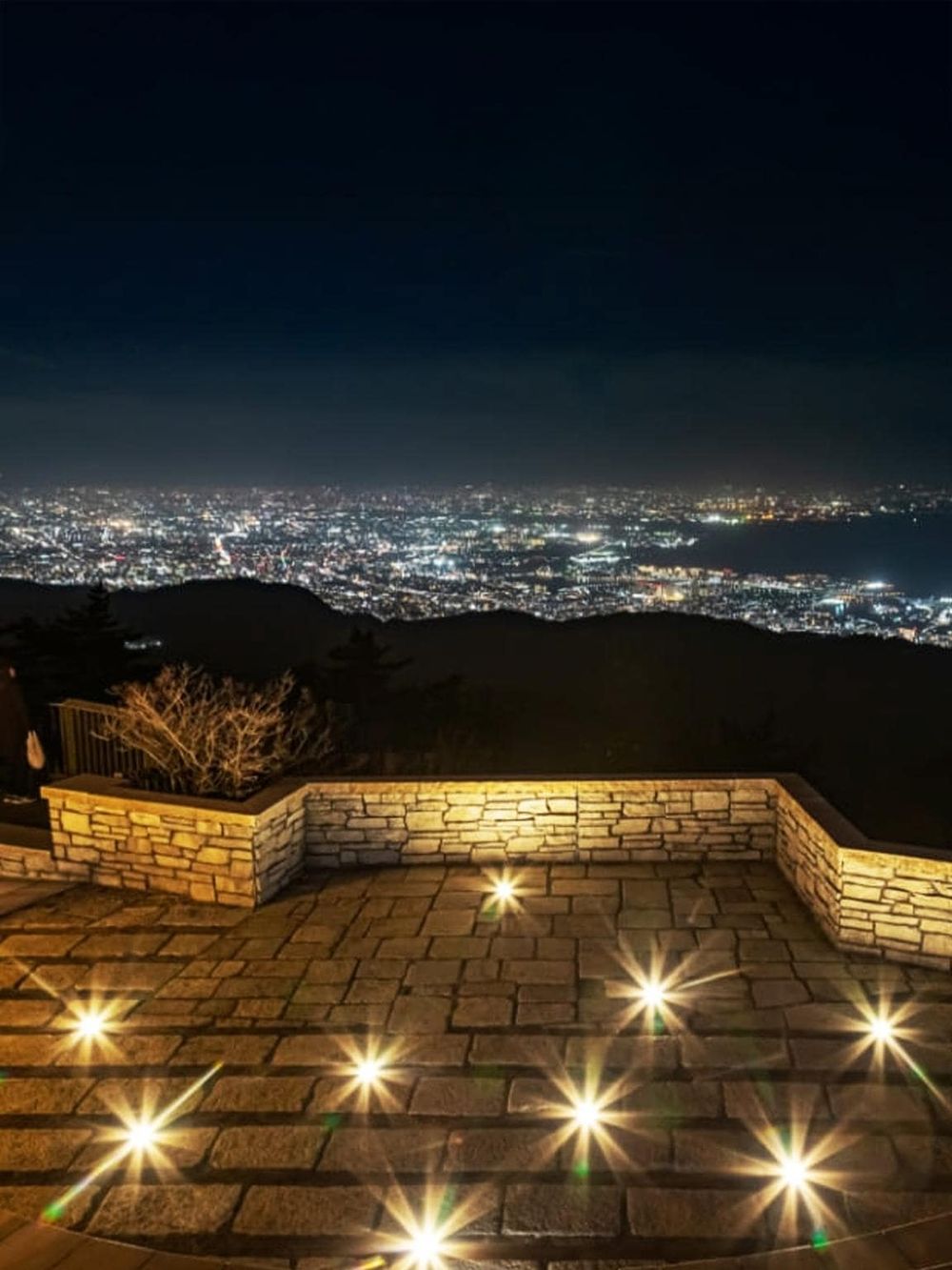 Night city view from a hilltop overlooking a cityscape with illuminated streets and buildings at night.