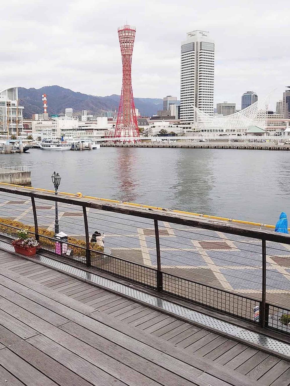 Colorful waterfront view featuring iconic Osaka Tower and city skyline, perfect for travel and sightseeing in Japan.