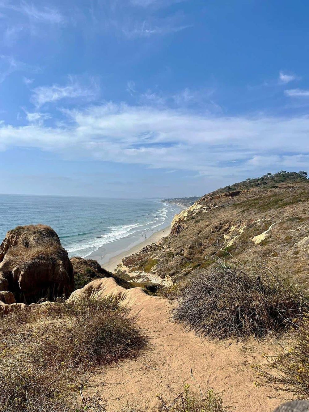 Stunning coastal view showing sandy trail, ocean waves, and rugged cliffs, perfect for outdoor adventure and scenic explorations.