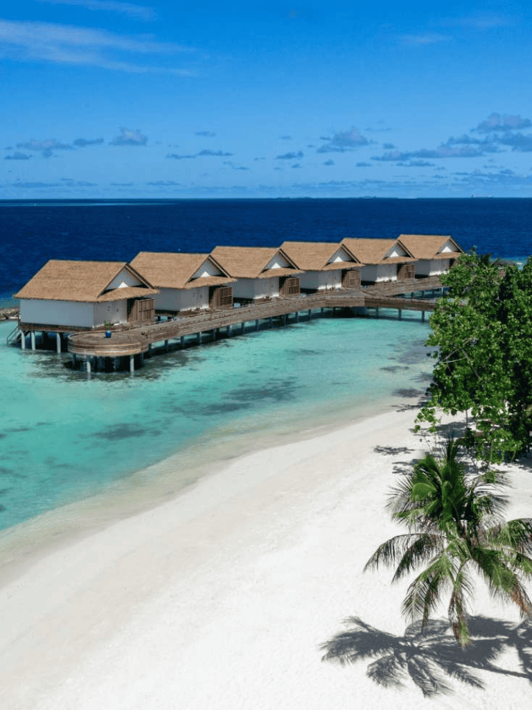 Overwater bungalows on turquoise ocean in tropical paradise.