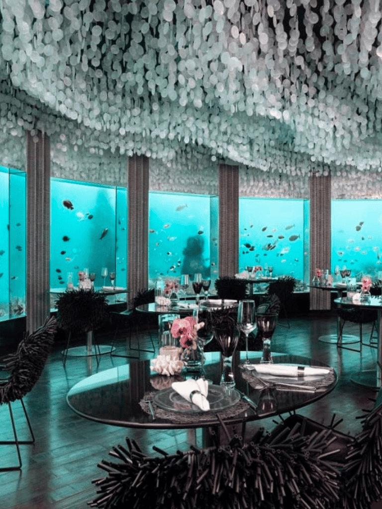 Underwater-themed restaurant with vibrant marine life views and elegant table settings.