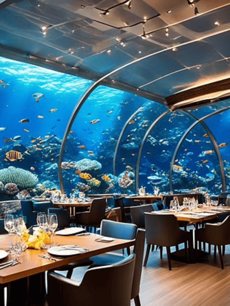 Colorful underwater aquarium restaurant with large tank and marine life view.