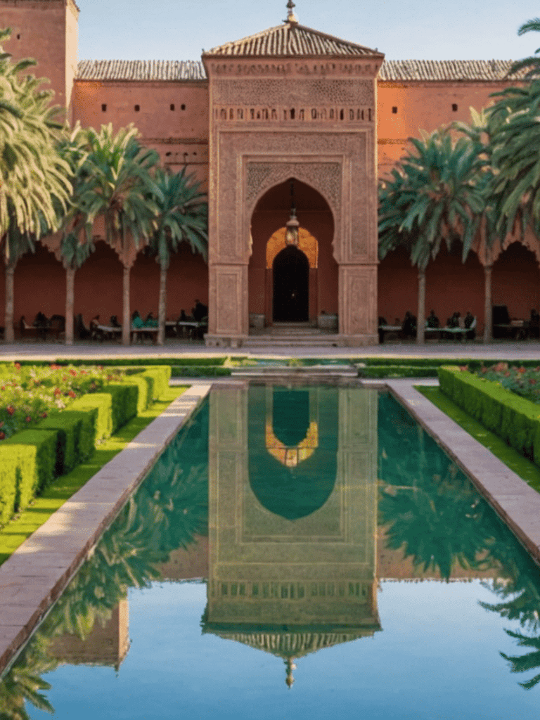 Intricate Moroccan architecture with lush gardens and reflective pool at QuestForDirections.