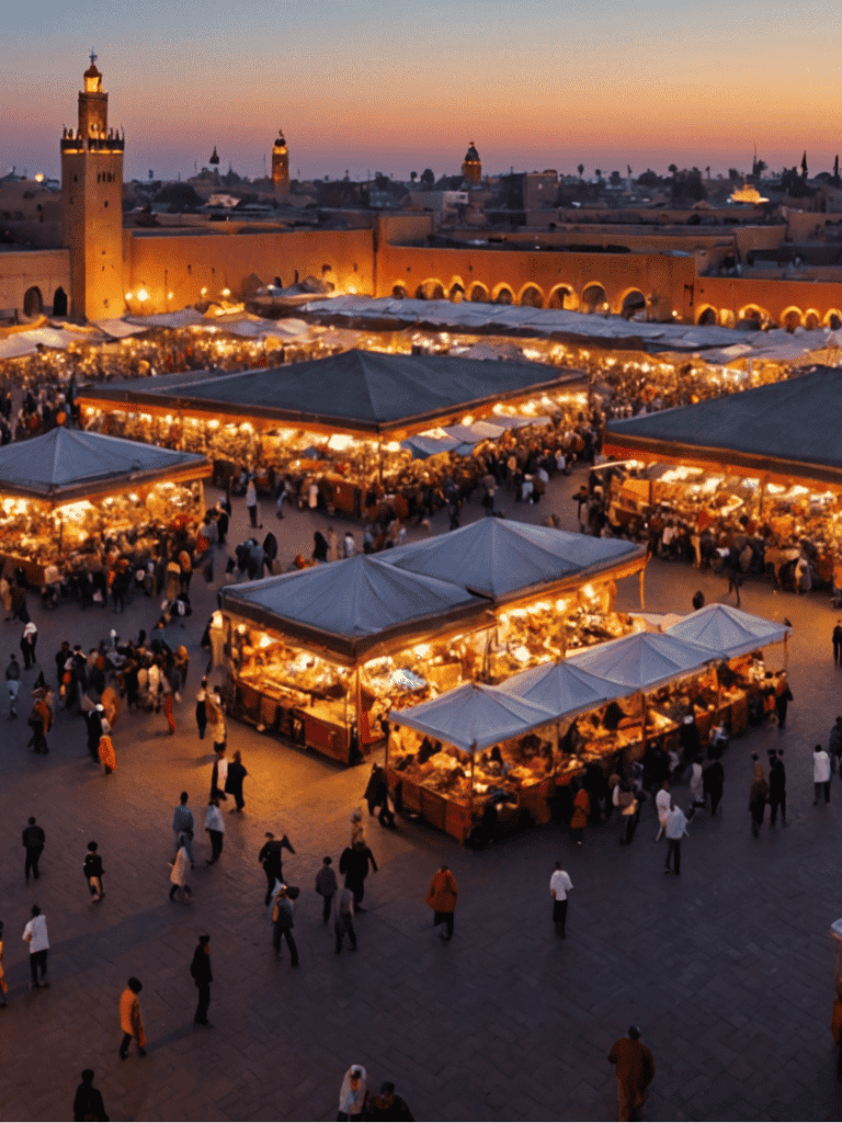 Colorful Moroccan night market at sunset with food stalls and crowds, showcasing vibrant culture and local cuisine.
