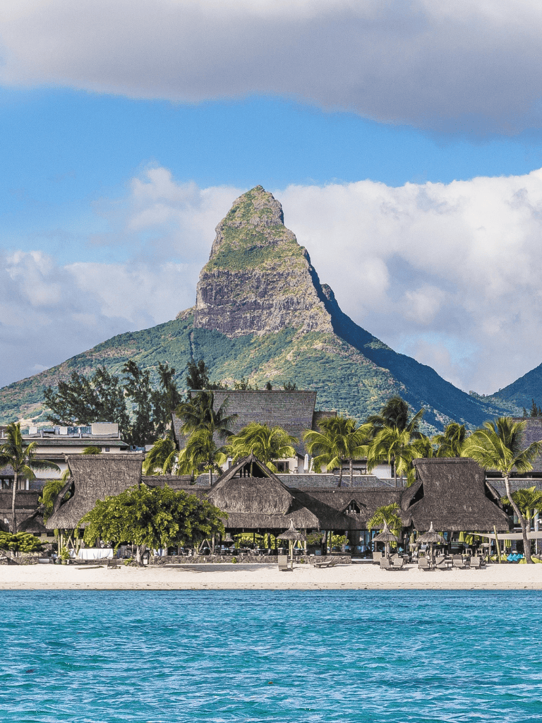Stunning mountain view over tropical beachside resort in Bora Bora, French Polynesia.