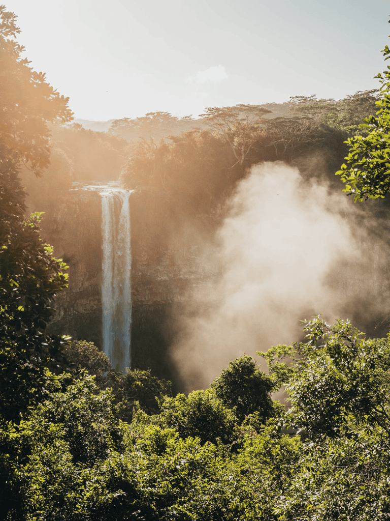 Majestic waterfall in lush forest with mist and sunlight, scenic nature view.