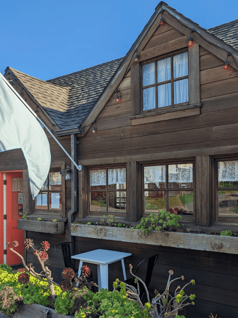 Charming wooden house with outdoor seating, lush plants, and decorative string lights for cozy ambiance.