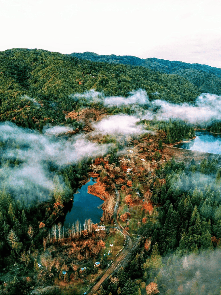 Lush green forested mountains with a winding lake and misty clouds in a scenic outdoor landscape.