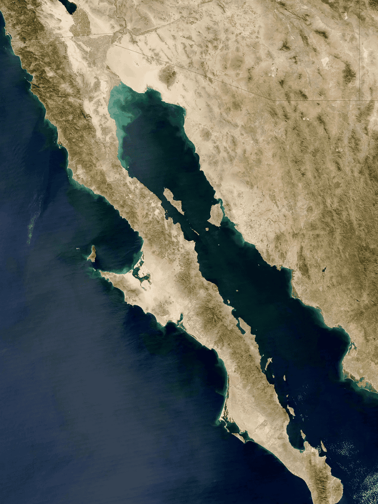 High-resolution satellite image of California and its surrounding waters, showcasing detailed topography and coastline.