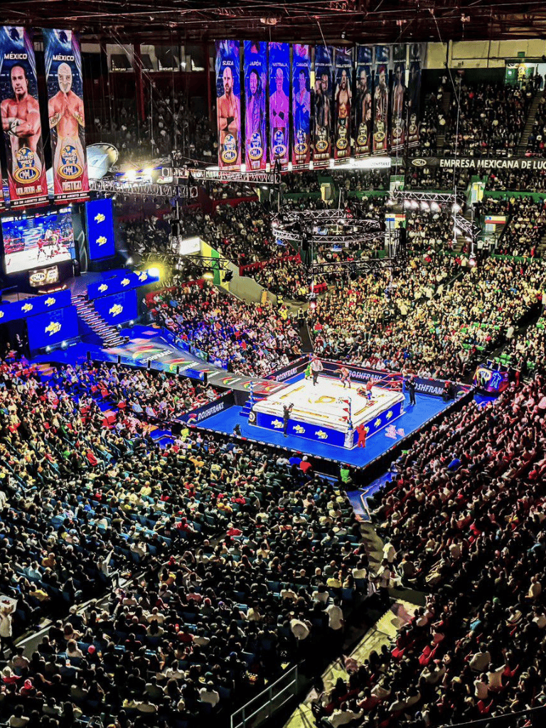 Vibrant indoor arena hosting a professional basketball game with cheering crowd and bright lighting.