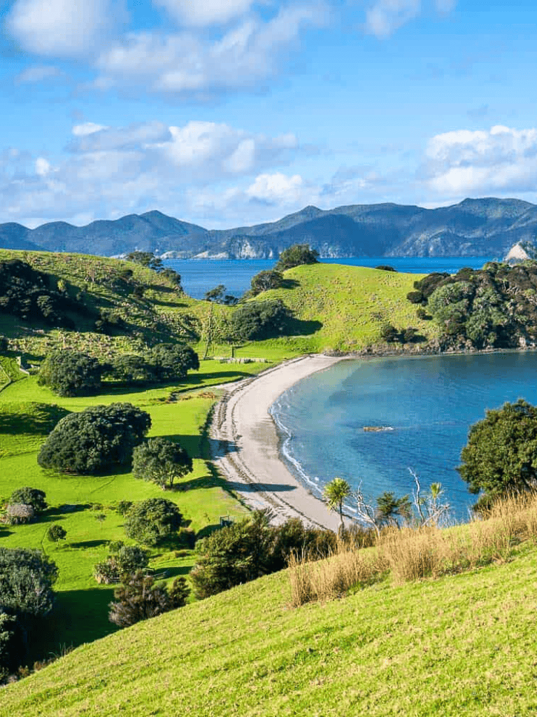 Stunning coastal landscape with lush green hills, sandy beach, and blue ocean scenery.