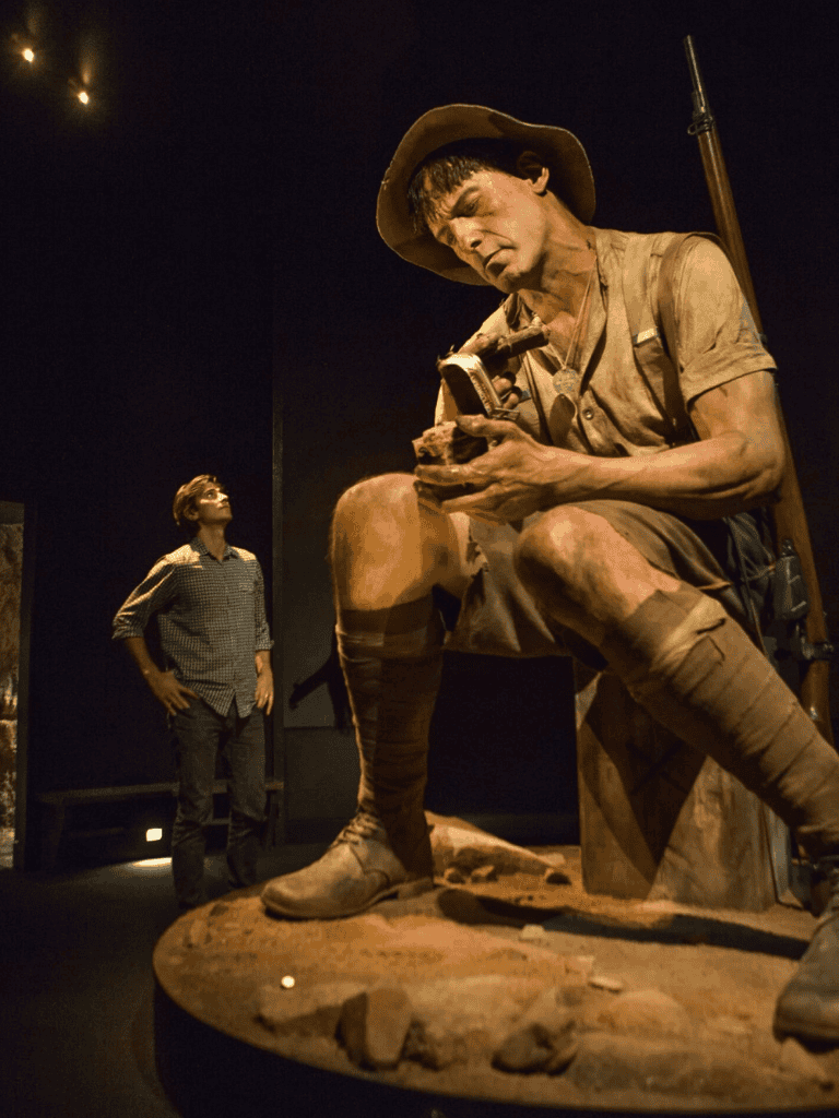 Lost soldier sculpture representing sacrifice and history at Quest for Directions exhibit.