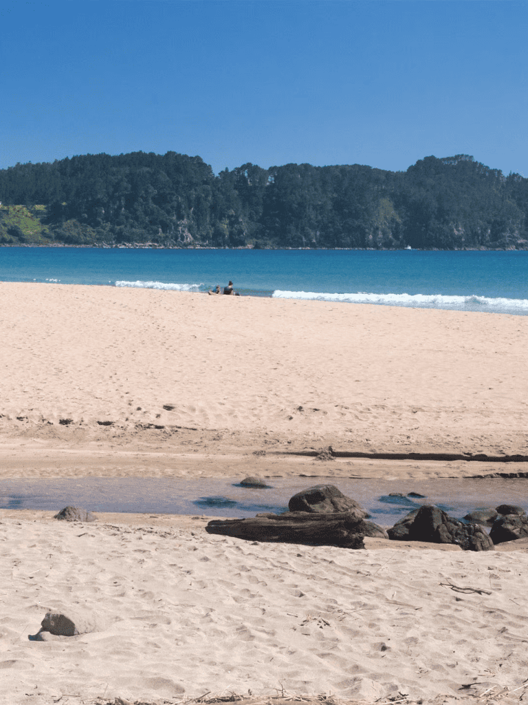 Secluded beach with clear blue ocean and lush green hills in the background.