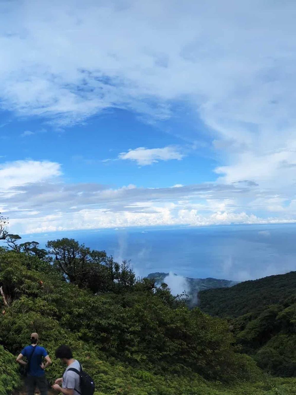 Vivid mountain trail hiking with lush greenery, cloudy sky, and ocean view, perfect for adventure travel and outdoor exploration.