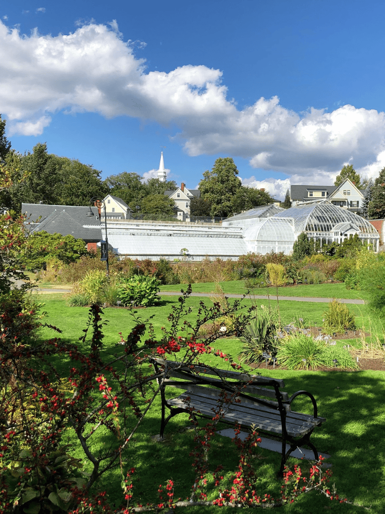 Colorful botanical garden with greenhouses, historic buildings, and lush trees under a blue sky with white clouds.