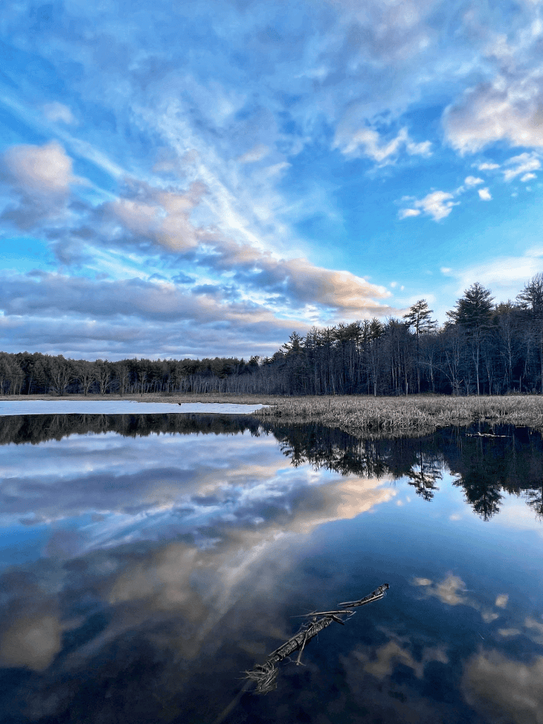 Tranquil lake with reflecting sky and trees, nature scenery perfect for outdoor exploration.